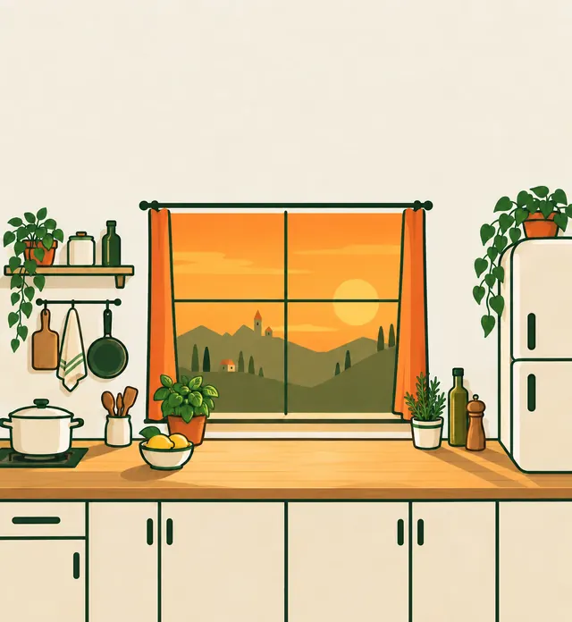 Illustrated kitchen with a window at sunset