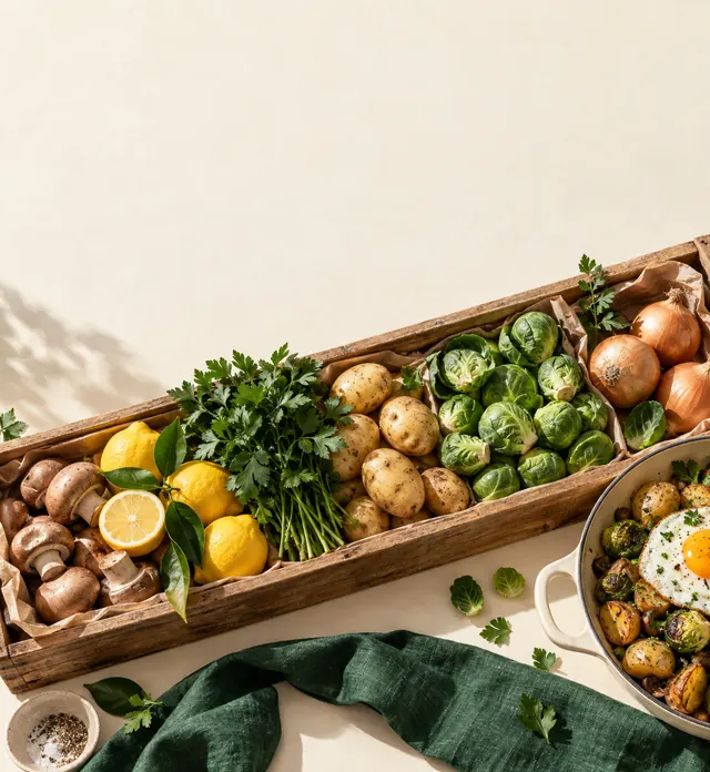 Potatoes, lemons and herbs in a wooden crate
