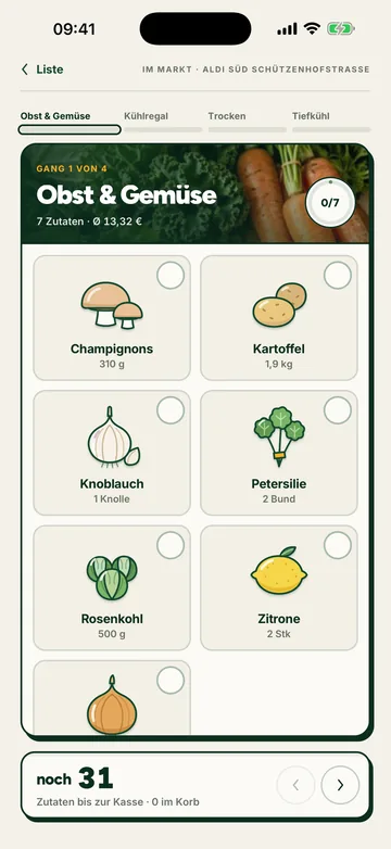 Shopping list in Cochi, sorted by aisle